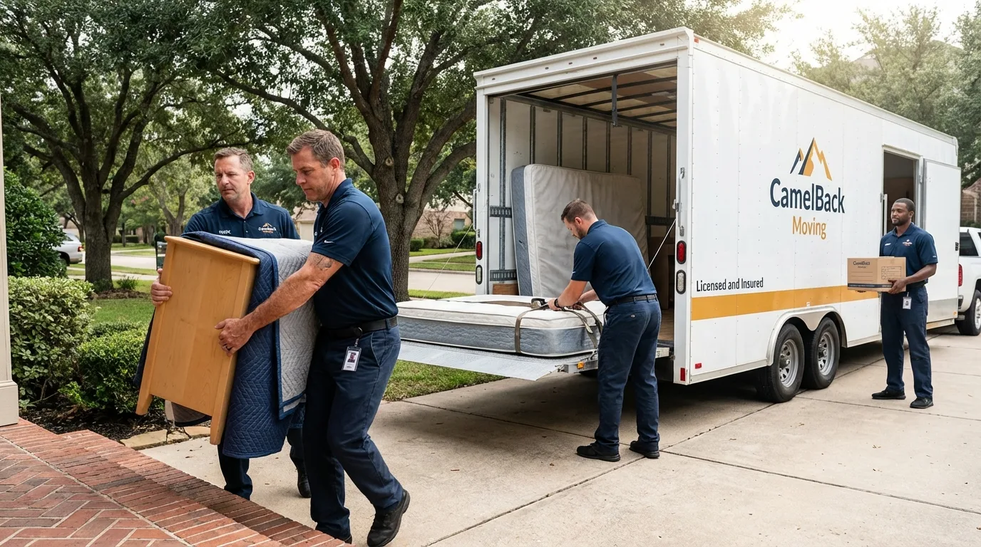 Crew loading residential truck for cross-state move from Petersburg, IN