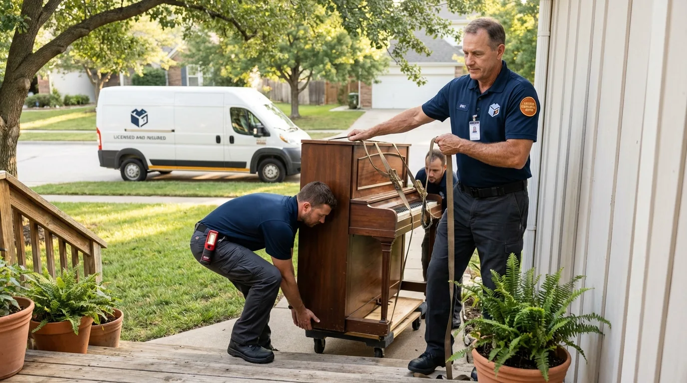 Licensed piano movers securing grand piano in Petersburg, IN