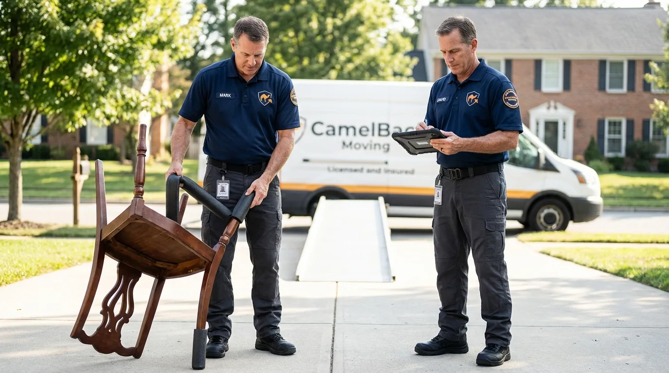 Movers inspecting furniture for damage prevention before loading in Petersburg, IN