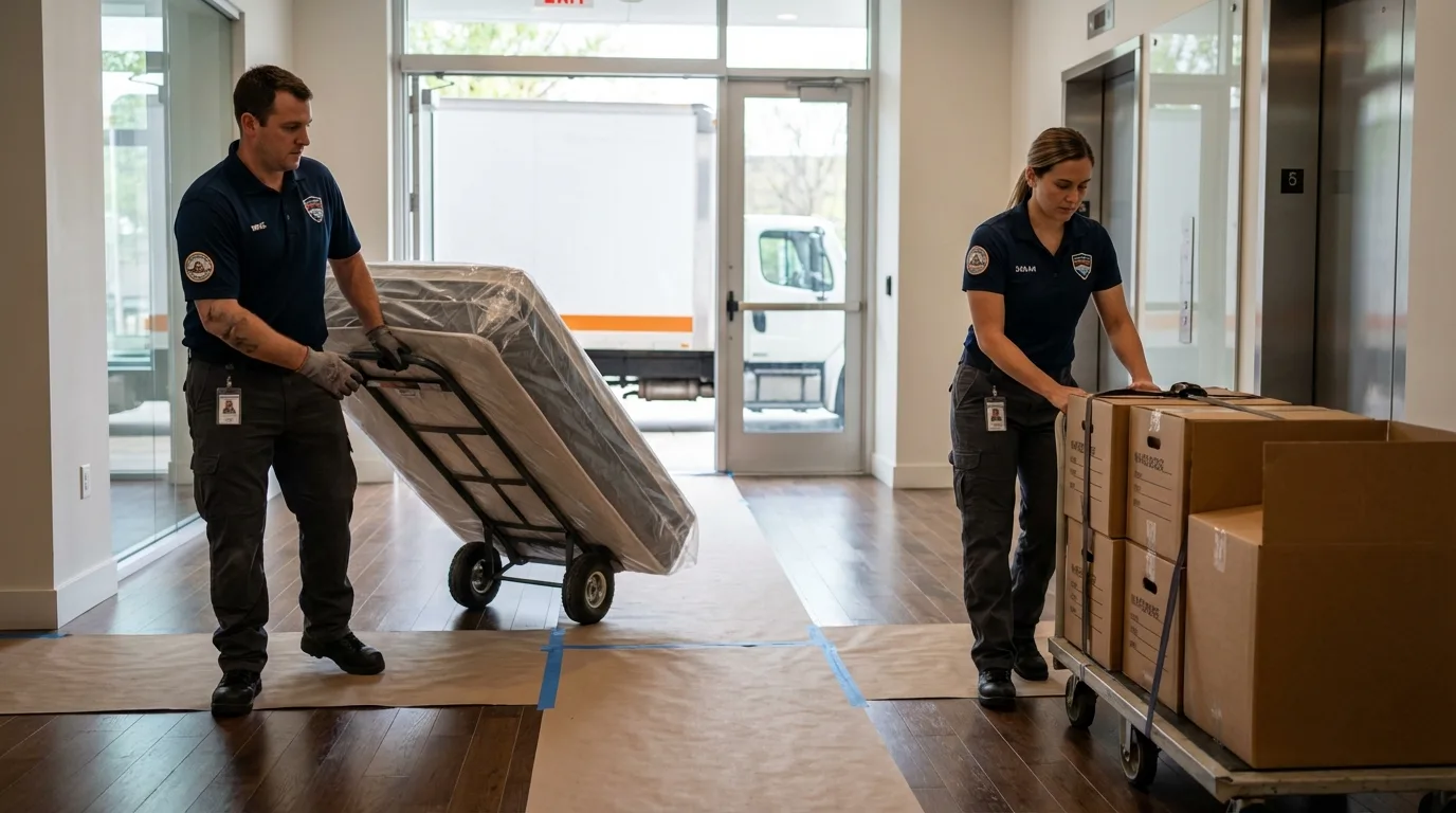 Professional apartment movers loading elevator in Petersburg, IN